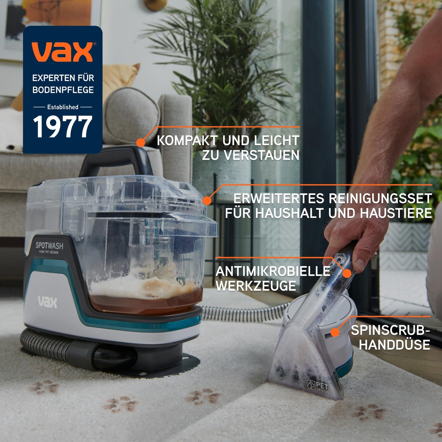 Vax SpotWash Home Duo Pet-Edition, Teppich- & Polsterreiniger mit SpinScrub, Tiefenreinigung, schnelltrocknend, starke Haustier-Reinigung