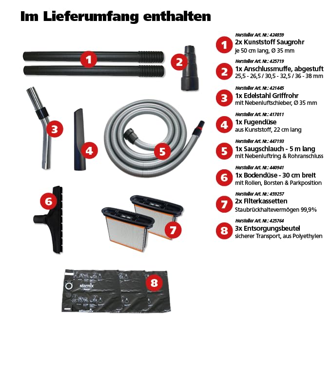 Starmix ISC M-1625 Safe – Industriesauger Staubklasse M mit Gerätesteckdose & automatischer Filterreinigung – Nass-/Trockensauger für Baustelle & Werkstatt, 1600 W Leistung, 25 L, inkl. 5m Schlauch