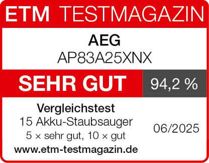 AEG Ultimate 8000 Akku Staubsauger mit Absaugstation und Ersatz-Akku, Automatik-verlängert Laufzeit, 5-Stufen Filtration, für Hartboden, Teppich, Tierhaare, 25 V Akku, 400 ml, Dunkelgrau, AP83A25XNX
