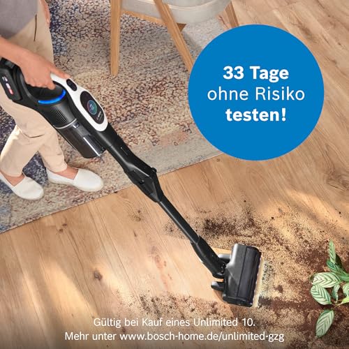 Bosch Akku-Staubsauger Unlimited 10 BTS1042WAC, kabellos, MicroClean Technology, TFT-Display, Staubkomprimierung, HEPA-Filtersystem, 10 J. Motorgarantie, 4 Ah Akku, LED-Licht, Schnellladegerät, weiß