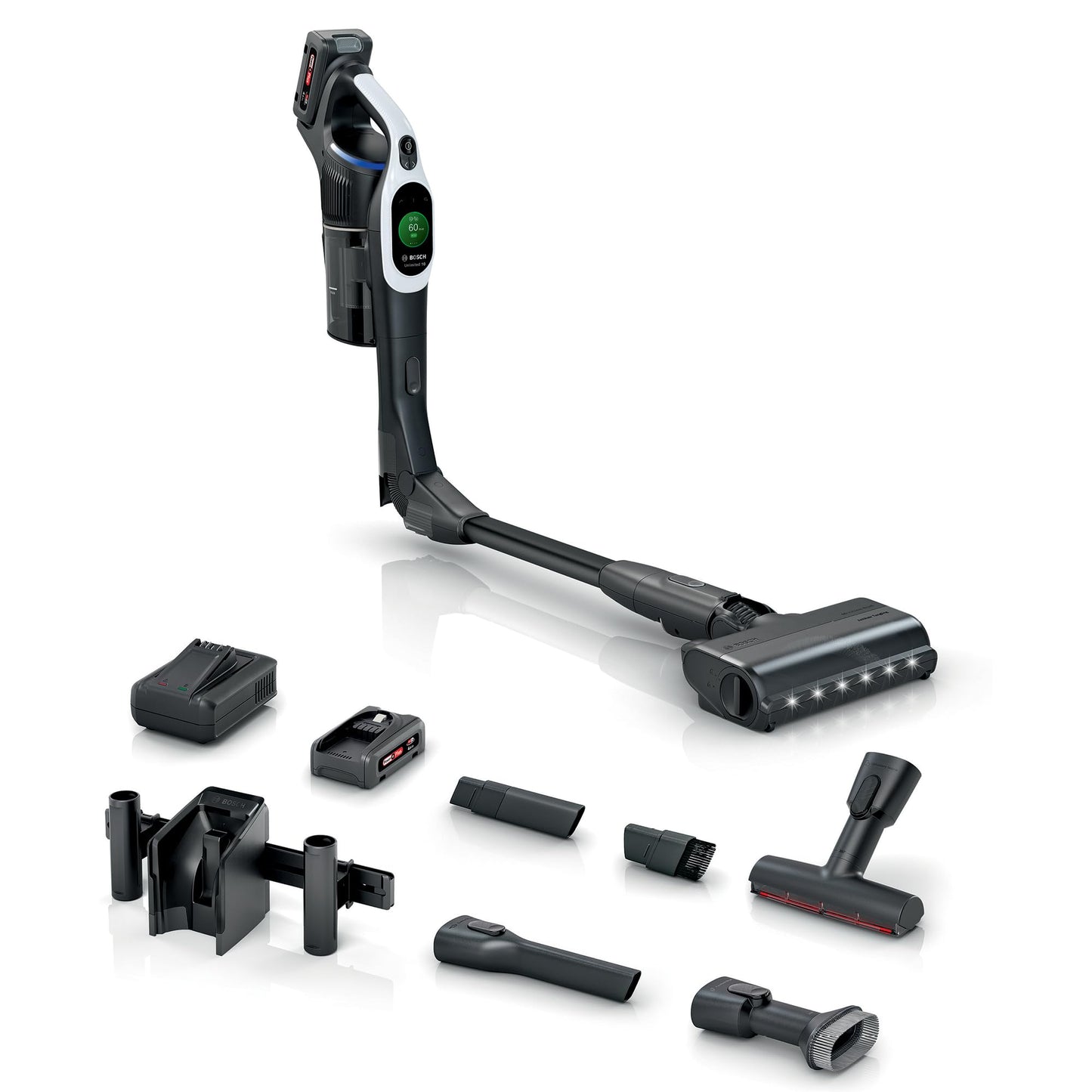 Bosch Akku-Staubsauger Unlimited 10 BTS1042WAC, kabellos, MicroClean Technology, TFT-Display, Staubkomprimierung, HEPA-Filtersystem, 10 J. Motorgarantie, 4 Ah Akku, LED-Licht, Schnellladegerät, weiß