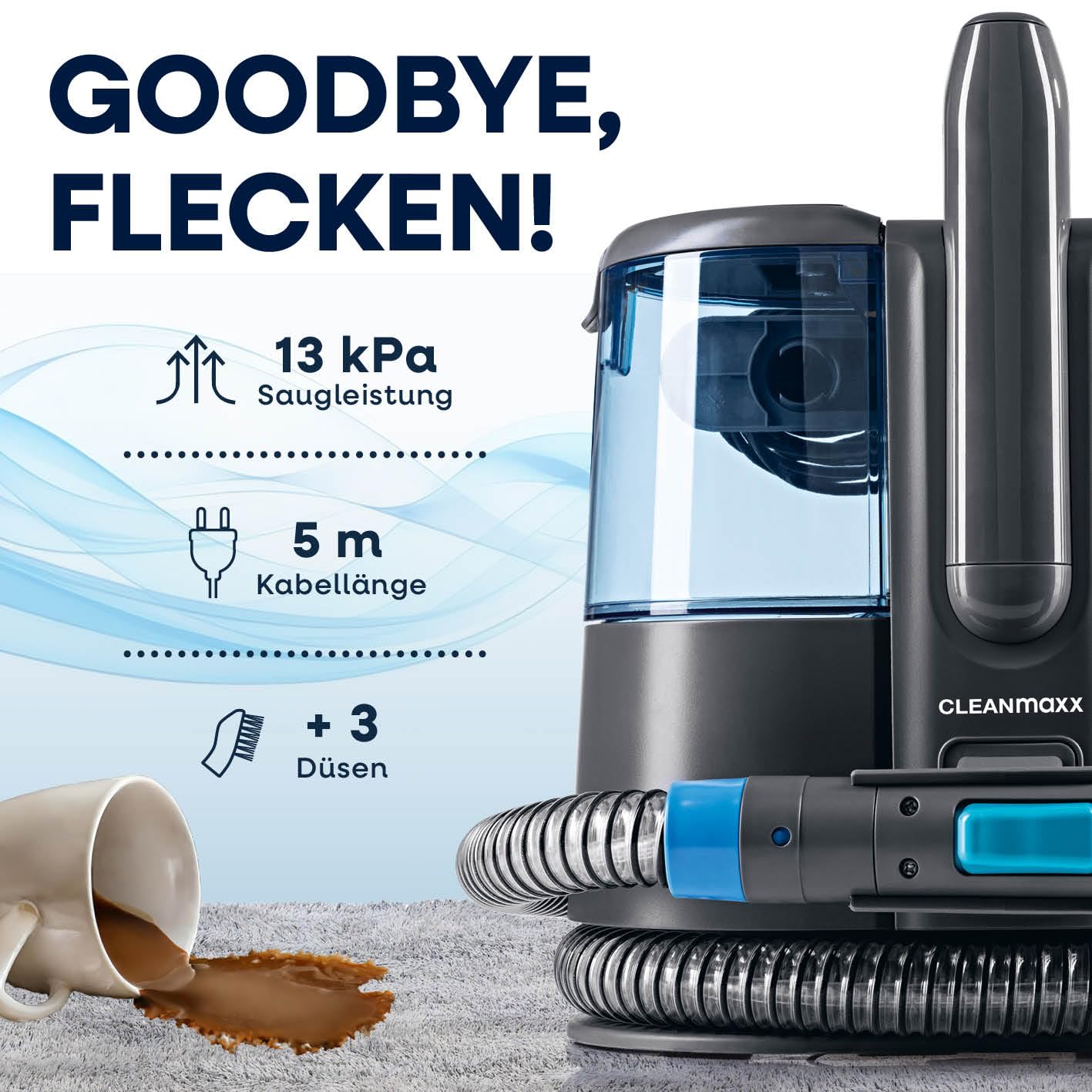 CLEANmaxx Polster- & Teppichreiniger Pro Power 3in1, Waschsauger & Spot Cleaner zur Nassreinigung, ideal für Auto, Sofa & Teppiche