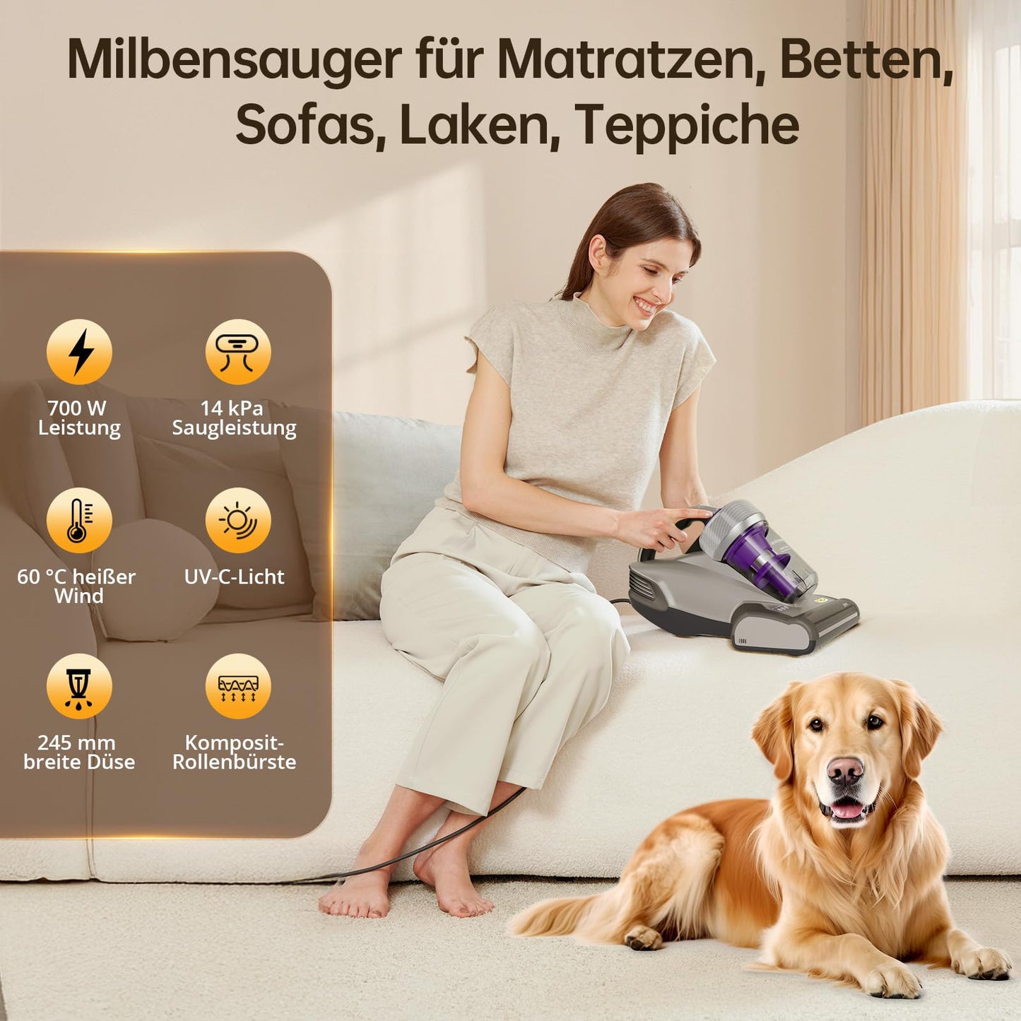 Jimmy JV35 Milbensauger 700W mit UV-C Licht & Heißluft, Matratzensauger mit Doppel-Zyklon, ideal für Matratzen, Betten & Sofa