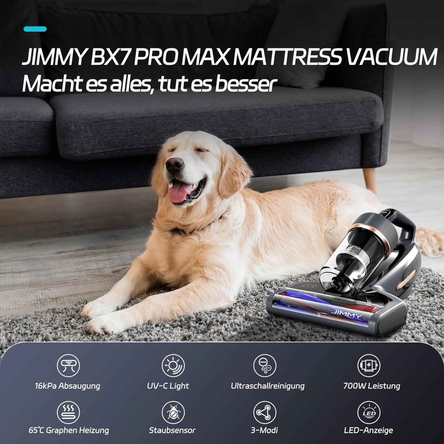 Jimmy BX7 Pro Max Milbensauger 700W, Matratzensauger mit UV-C, 65 °C Heißluft & Graphen-Heizung, Staubsensor, Ionenfunktion, LED-Display