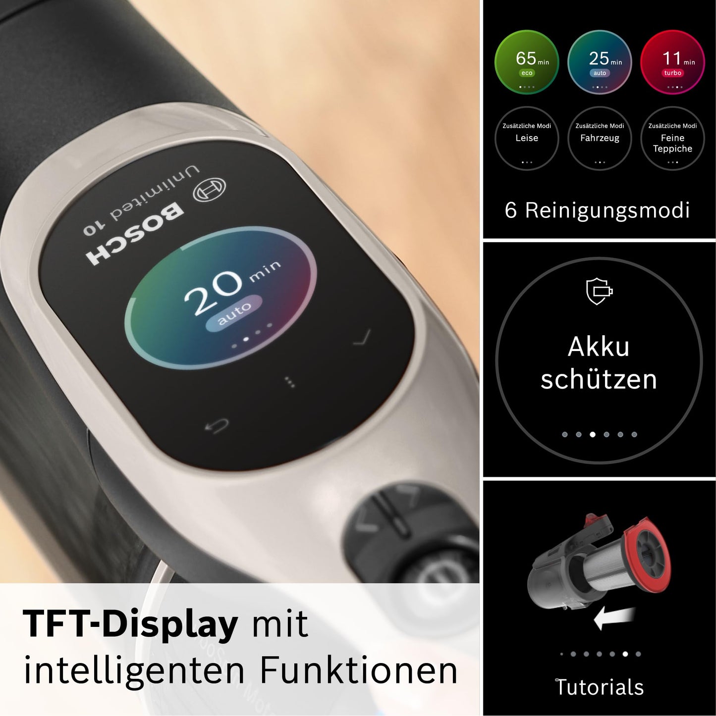 Bosch Akku-Staubsauger Unlimited 10 BKS1051GQC, kabellos, MicroClean Technology, TFT-Display, Staubkomprimierung, HEPA-Filtersystem, 10 J. Motorgarantie, 4 Ah Akku, LED-Licht, Schnellladegerät, grau