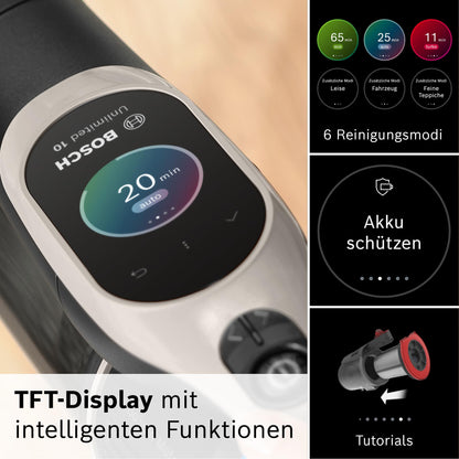 Bosch Akku-Staubsauger Unlimited 10 BKS1051GQC, kabellos, MicroClean Technology, TFT-Display, Staubkomprimierung, HEPA-Filtersystem, 10 J. Motorgarantie, 4 Ah Akku, LED-Licht, Schnellladegerät, grau