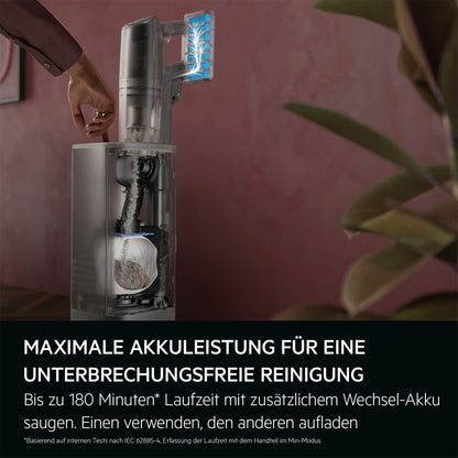 AEG Ultimate 8000 Akku Staubsauger mit Absaugstation und Ersatz-Akku, Automatik-verlängert Laufzeit, 5-Stufen Filtration, für Hartboden, Teppich, Tierhaare, 25 V Akku, 400 ml, Dunkelgrau, AP83A25XNX