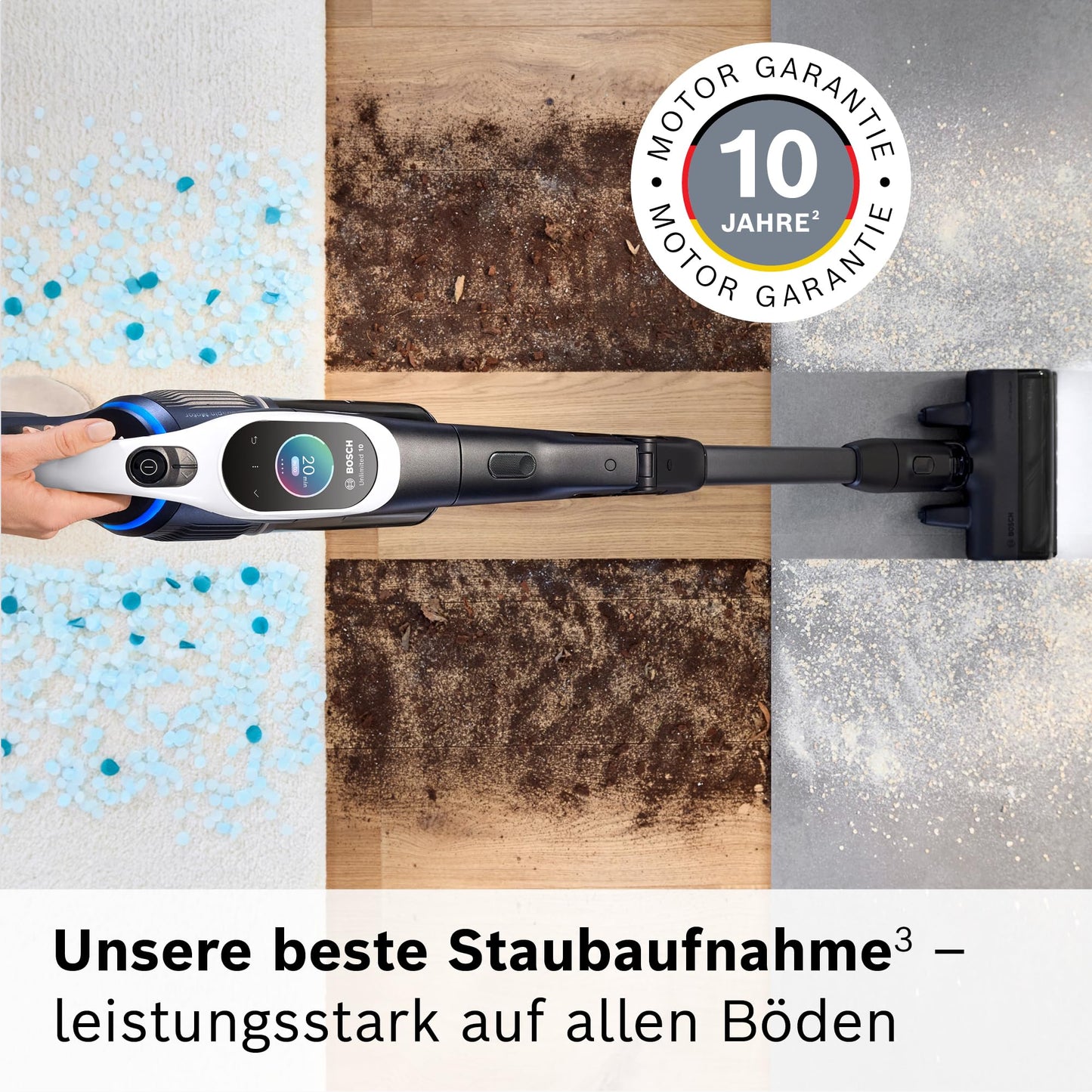 Bosch Akku-Staubsauger Unlimited 10 BTS1042WAC, kabellos, MicroClean Technology, TFT-Display, Staubkomprimierung, HEPA-Filtersystem, 10 J. Motorgarantie, 4 Ah Akku, LED-Licht, Schnellladegerät, weiß