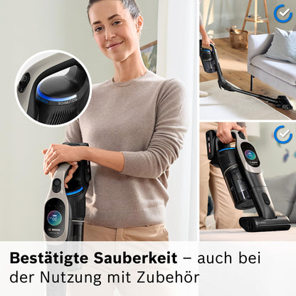 Bosch Akku-Staubsauger Unlimited 10 BKS1051GQC, kabellos, MicroClean Technology, TFT-Display, Staubkomprimierung, HEPA-Filtersystem, 10 J. Motorgarantie, 4 Ah Akku, LED-Licht, Schnellladegerät, grau
