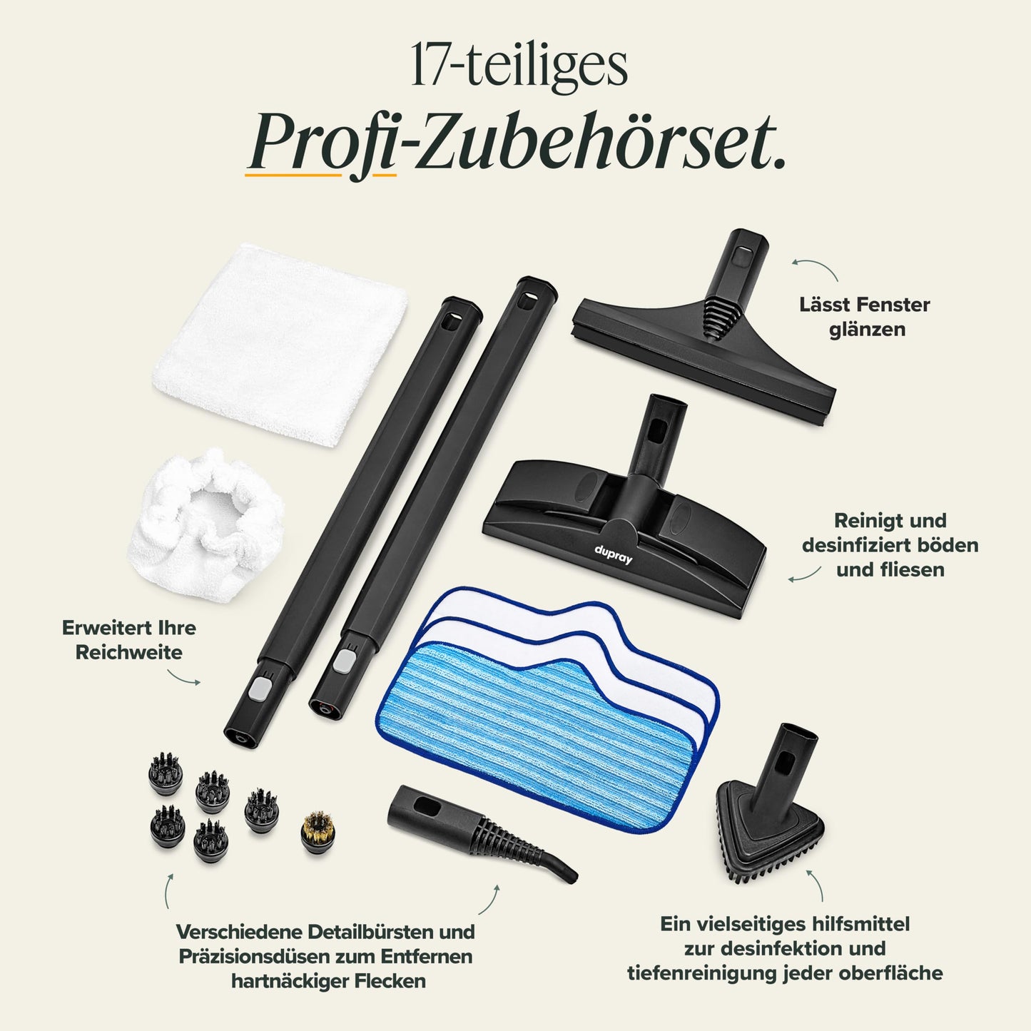 Dupray Neat Dampfreiniger, leistungsstarker Multifunktionsreiniger für Böden, Fliesen, Möbel, Matratzen, Auto & mehr, inkl. 17 Zubehörteile