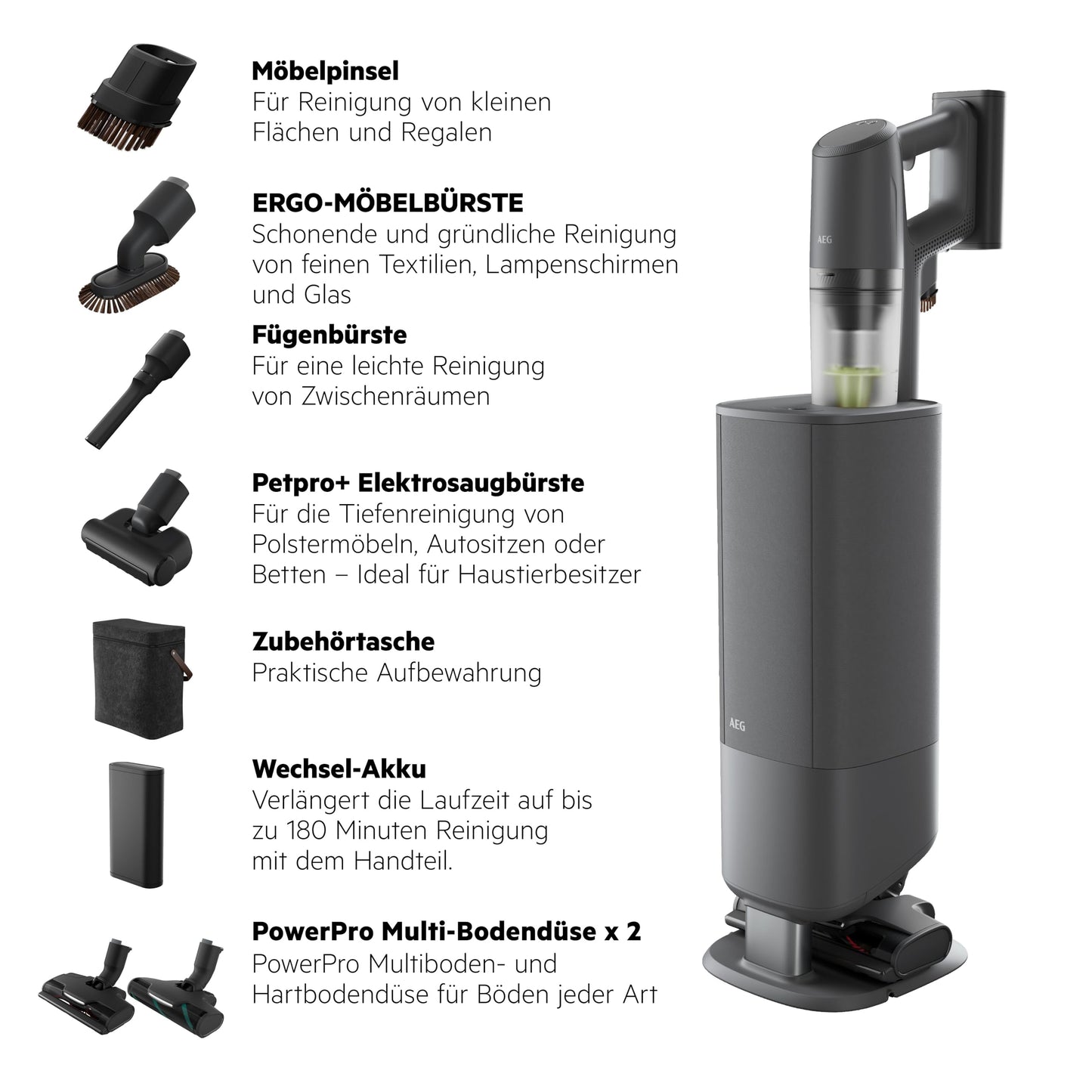 AEG Ultimate 8000 Akku Staubsauger mit Absaugstation und Ersatz-Akku, Automatik-verlängert Laufzeit, 5-Stufen Filtration, für Hartboden, Teppich, Tierhaare, 25 V Akku, 400 ml, Dunkelgrau, AP83A25XNX