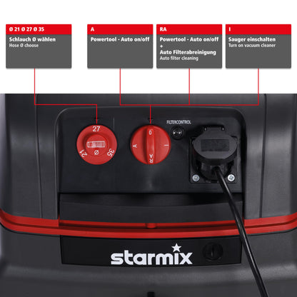 Starmix ISC M-1625 Safe – Industriesauger Staubklasse M mit Gerätesteckdose & automatischer Filterreinigung – Nass-/Trockensauger für Baustelle & Werkstatt, 1600 W Leistung, 25 L, inkl. 5m Schlauch