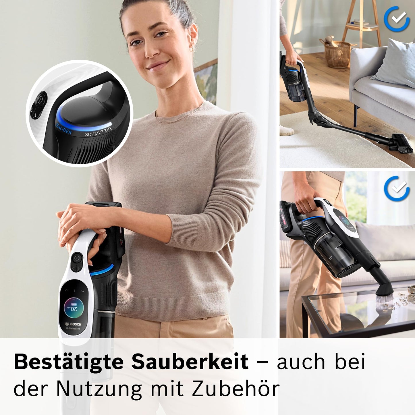Bosch Akku-Staubsauger Unlimited 10 BTS1042WAC, kabellos, MicroClean Technology, TFT-Display, Staubkomprimierung, HEPA-Filtersystem, 10 J. Motorgarantie, 4 Ah Akku, LED-Licht, Schnellladegerät, weiß