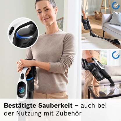 Bosch Akku-Staubsauger Unlimited 10 BTS1042WAC, kabellos, MicroClean Technology, TFT-Display, Staubkomprimierung, HEPA-Filtersystem, 10 J. Motorgarantie, 4 Ah Akku, LED-Licht, Schnellladegerät, weiß