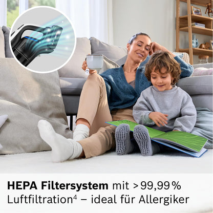 Bosch Akku-Staubsauger Unlimited 10 BTS1042WAC, kabellos, MicroClean Technology, TFT-Display, Staubkomprimierung, HEPA-Filtersystem, 10 J. Motorgarantie, 4 Ah Akku, LED-Licht, Schnellladegerät, weiß
