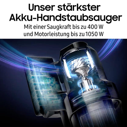 Samsung VS90F40EEK/WD Bespoke AI Jet Ultra Akku+ CompleteClean, Akku-Handstaubsauger inkl. Zubehör, 400 W, 2 Akkus, All-In-One-Station, Active Dual & Slim LED+ Bürste, Pet Tool+, Satin Black